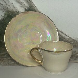 Iridescent Cup and Saucer Set with Gold Trim Planter